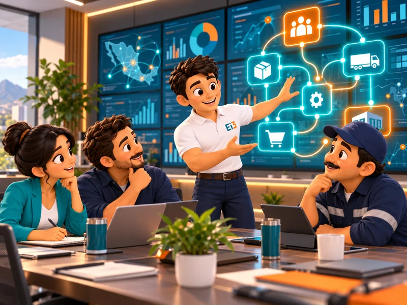 Consultor de Evolución i3 explica a un equipo directivo cómo se conectan ventas, inventario, logística y comercio en una sola operación.