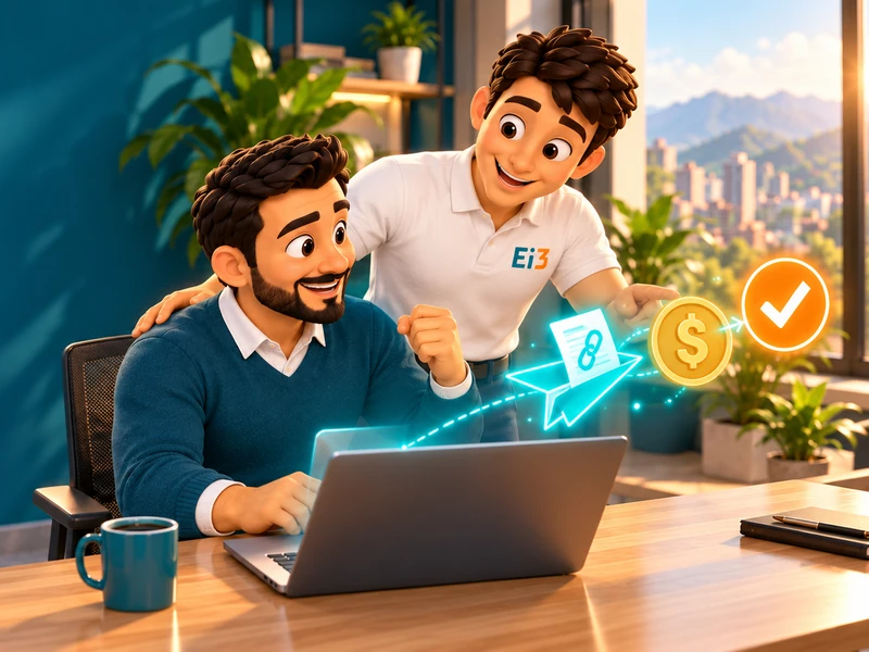 Un gerente comercial envía una cotización con liga de pago mientras el consultor de Evolución i3 lo acompaña.