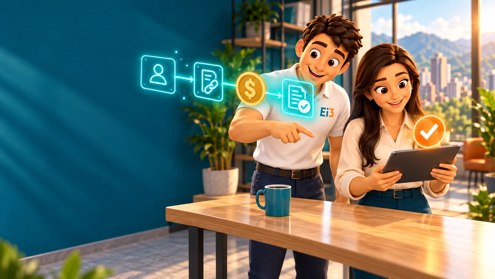 Una directora de finanzas revisa en su tablet un pago recibido junto al consultor de Evolución i3.