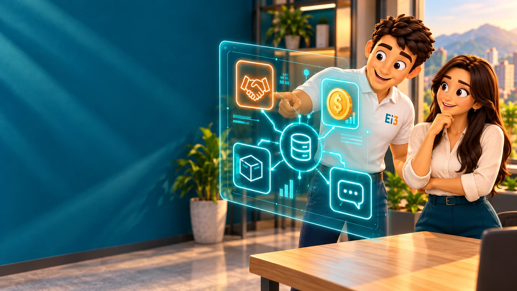 Consultor de Evolución i3 y directora de finanzas revisando un tablero con áreas de la empresa conectadas