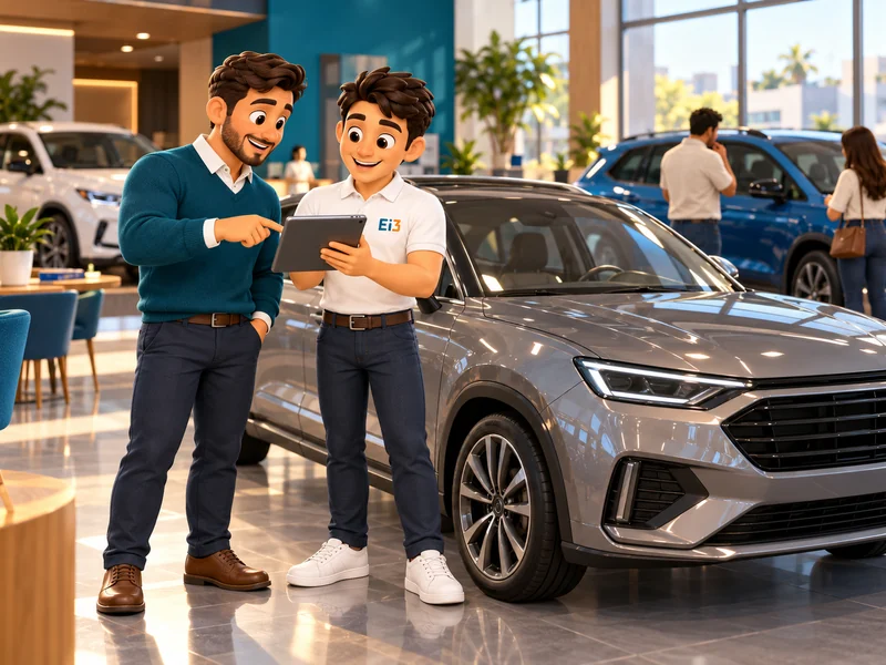 Gerente de ventas de una agencia automotriz revisa con el consultor de Evolución i3 la información de un vehículo en una tableta.