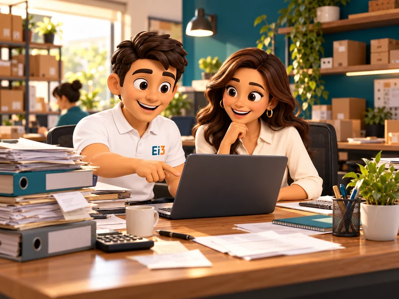 Consultor de Evolución i3 muestra a la dueña de una pequeña empresa su operación organizada en una laptop.
