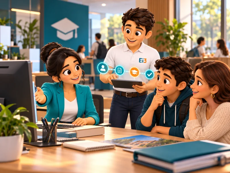 Asesora de admisiones orienta a un aspirante y a su madre mientras el consultor de Evolución i3 muestra las etapas del proceso.