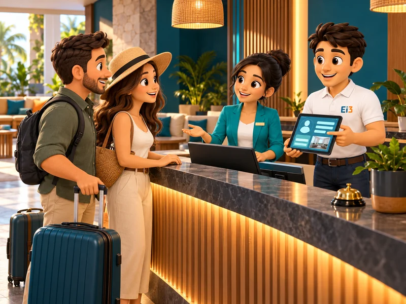 Recepción de hotel donde la asesora atiende a huéspedes mientras el consultor de Evolución i3 muestra su información conectada en una tableta.