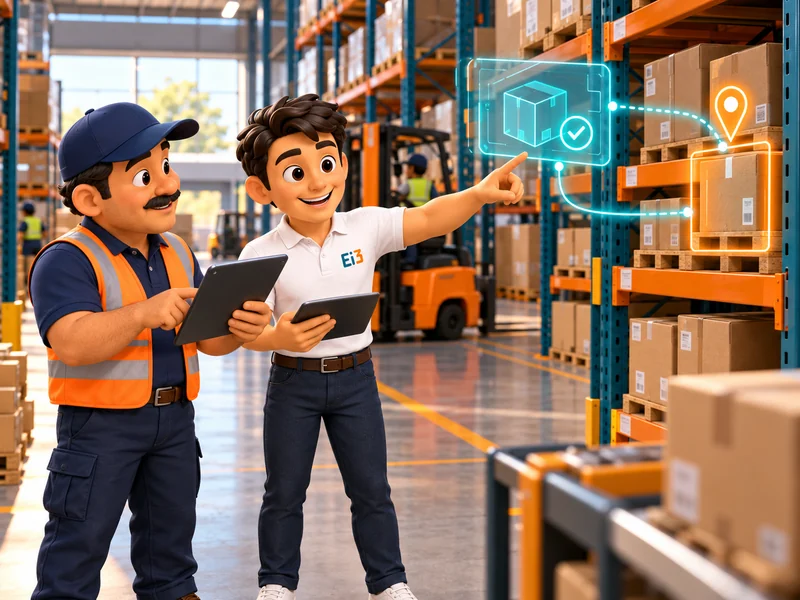 Supervisor de almacén y consultor de Evolución i3 ubican en el rack el producto de un pedido.