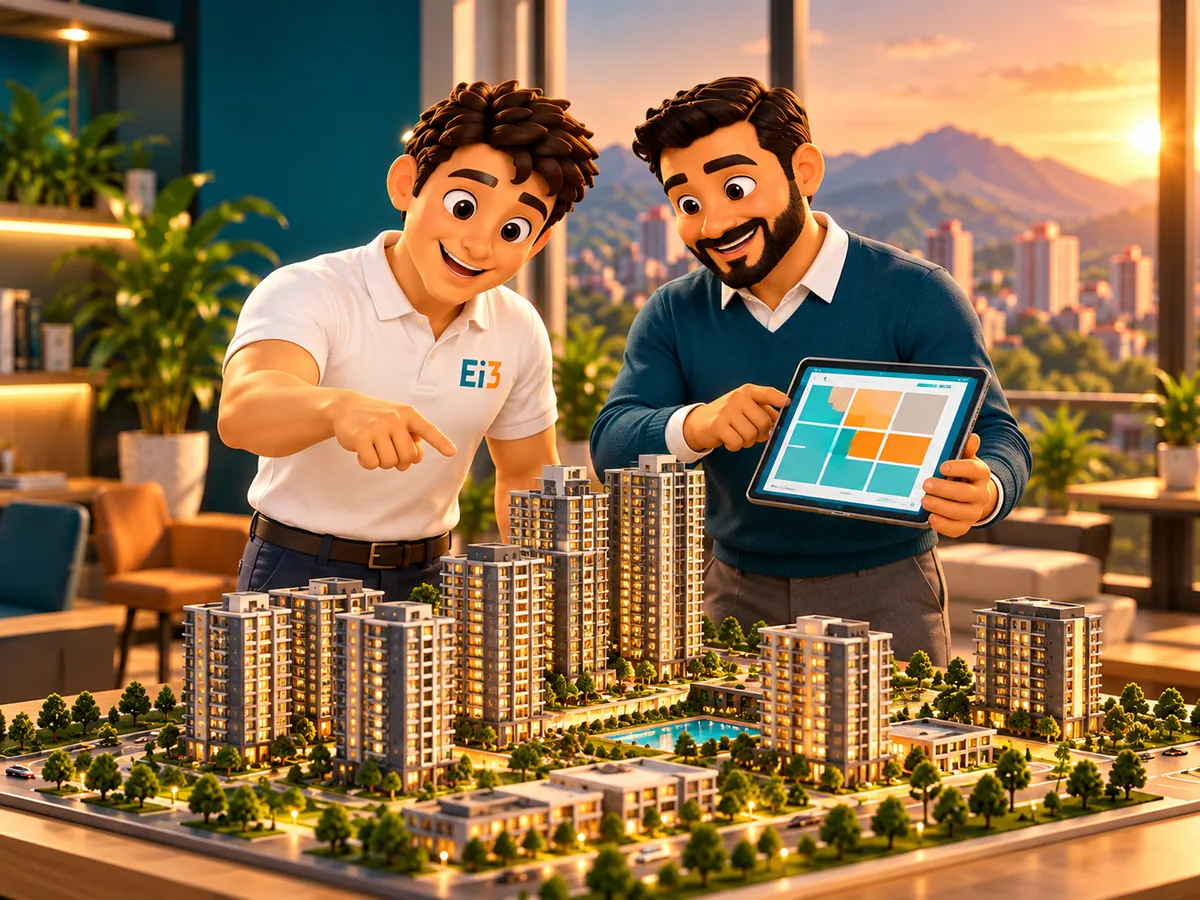 El consultor de Evolución i3 y Andrés, gerente comercial, revisan en una pantalla la disponibilidad de un desarrollo inmobiliario