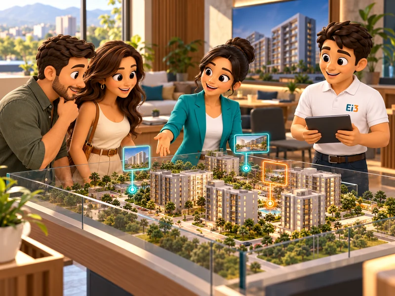 Asesora inmobiliaria presenta a una pareja la maqueta de un desarrollo con unidades disponibles señaladas; el consultor de Evolución i3 acompaña con una tableta.