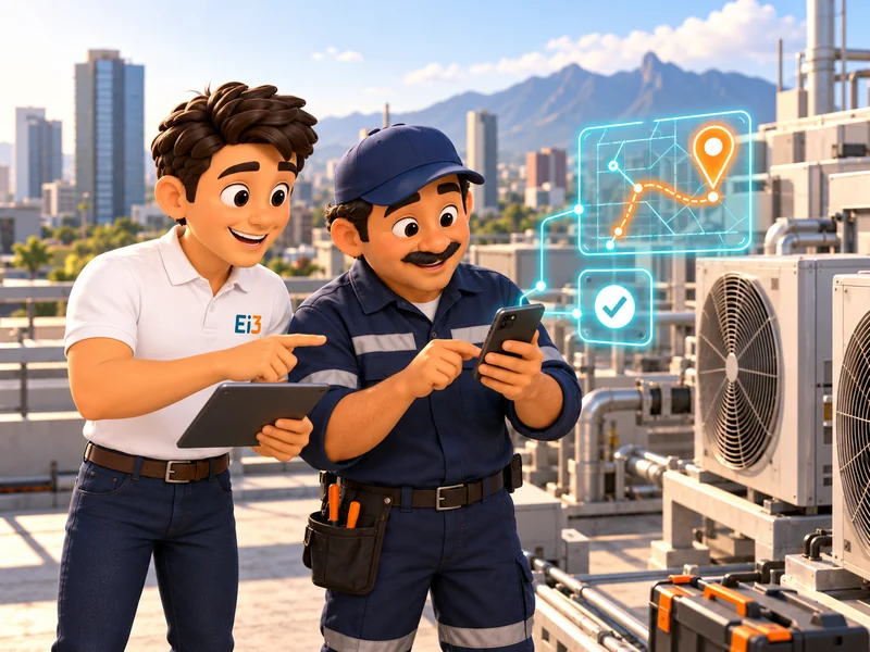Técnico de mantenimiento registra un servicio terminado en su celular junto al consultor de Evolución i3.
