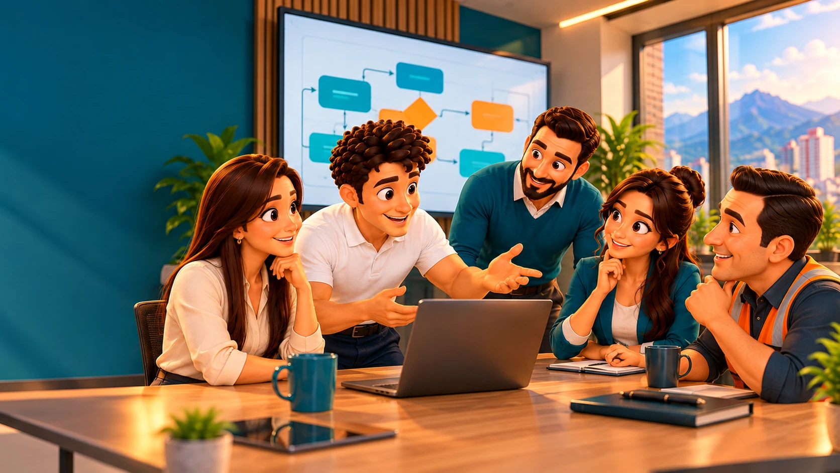 Consultor de Evolución i3 y su equipo trabajando con un cliente en un proceso de la empresa