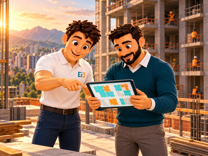 El consultor de Evolución i3 y Andrés, gerente comercial, revisan en una tableta la disponibilidad de las unidades de un desarrollo