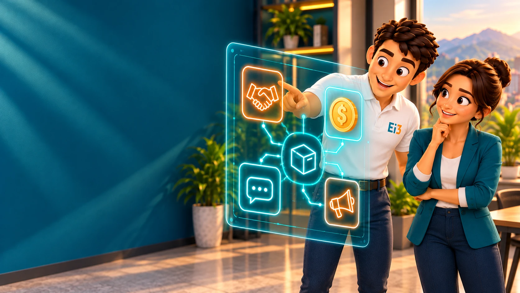 El consultor de Evolución i3 y una asesora muestran cómo se conectan las aplicaciones Zoho de una empresa