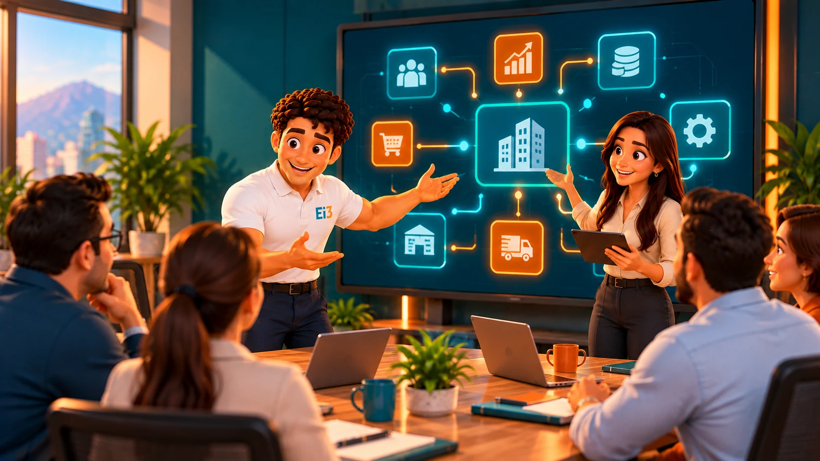 El consultor de Evolución i3 y una asesora presentan una solución Zoho a un equipo de empresa