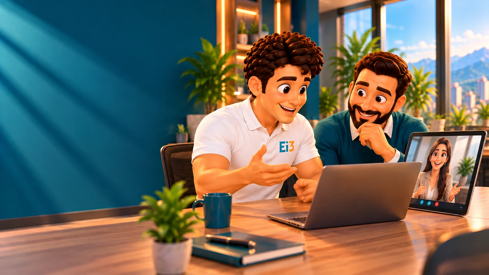 El consultor de Evolución i3 y un gerente comercial en videollamada con una clienta